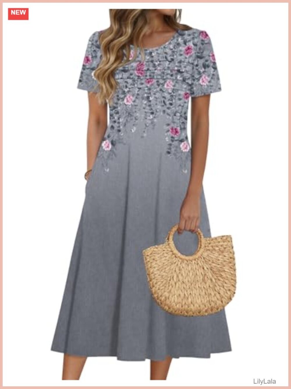 Women's Floral Midi Dress Short Puff Sleeve A-Line Beach Casual Sundress